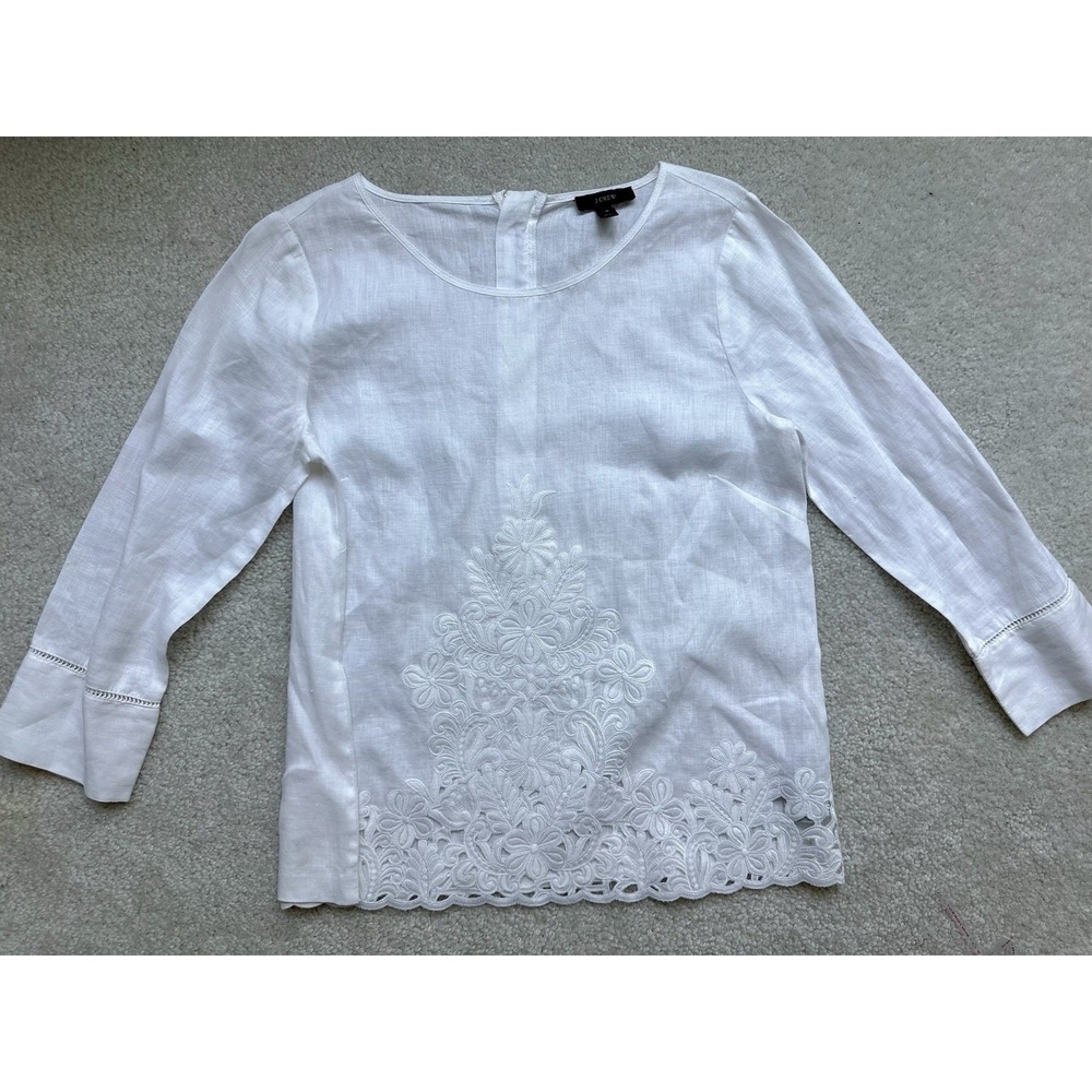 J Crew Embroidered 100% Linen White Shirt Top 3/4 Sleeve Size 4 New